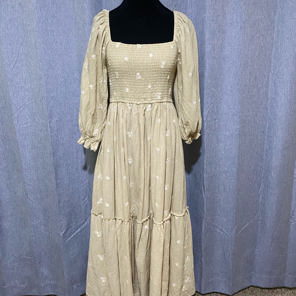 Cream Long Sleeve Smocked Sundress